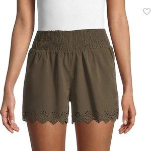 RD Style Laser-Cut Floral Pull-On Shorts Size L Olive Green